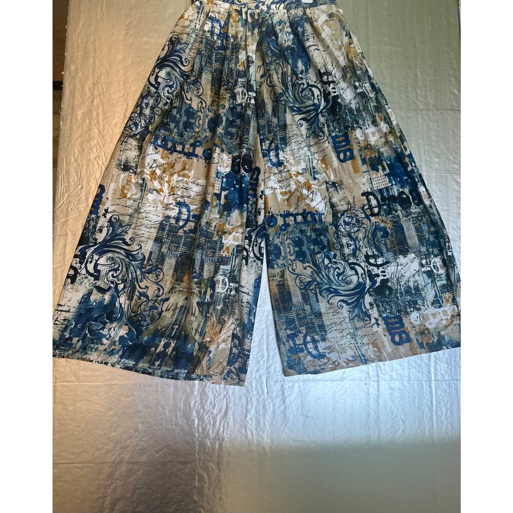 Truth NYC 1X Blue Beige Abstract Palazzo Pants Wide Leg Elastic Waist